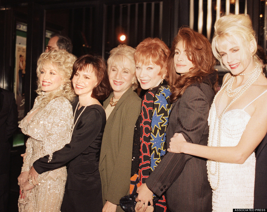 Stars of the film Steel Magnolias pose backstage at the Ziegfeld Theater in New York  Nov. 5, 1989 at the movie's premiere. Shown from left: Dolly Parton, Sally Field, Olympia Dukakis, Shirley MacLaine, Julia Roberts and Daryl Hannah. (AP Photo/Ed Bailey)