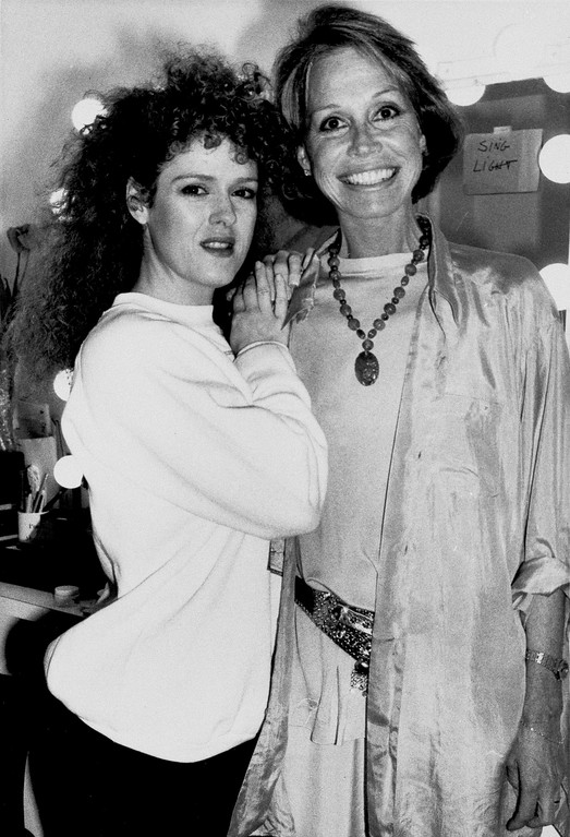 Mary Tyler Moore pays backstage visit to Bernadette Peters after her performance in the Broadway show "Song & Dance" at the St. Royal Theatre on 45th Street in New York, May 9, 1986. (AP Photo/Frankie Ziths)